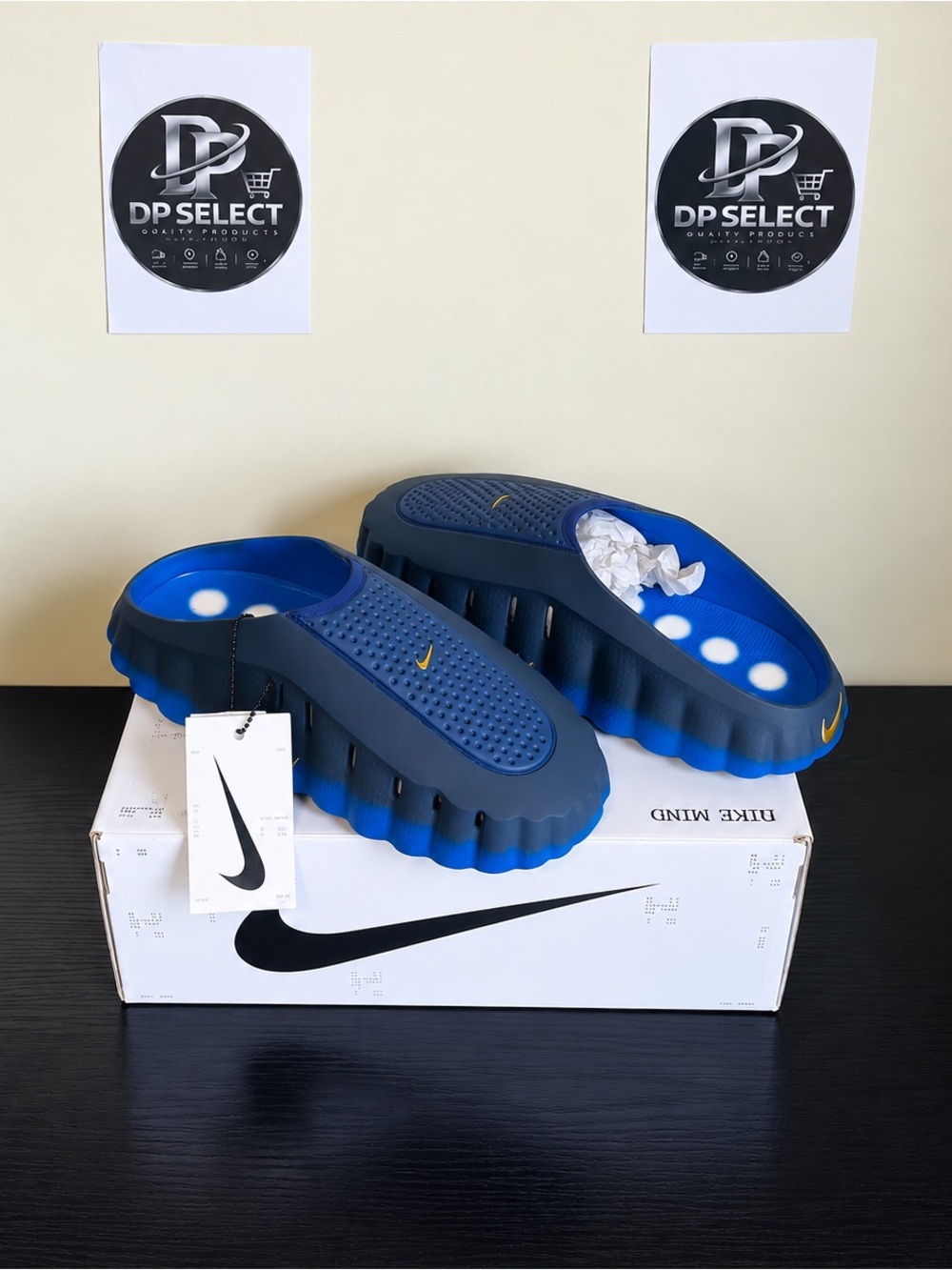 Nike Men’s Navy and Bright Blue Slide Sandals with Yellow Swoosh